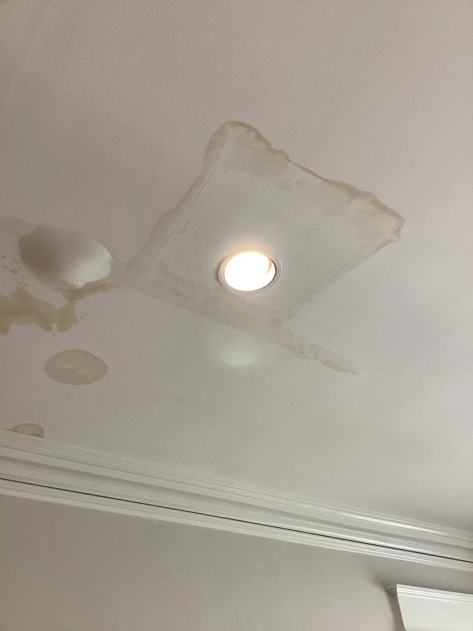 Water stain spreading across a ceiling near a light fixture, a classic early sign of hidden moisture