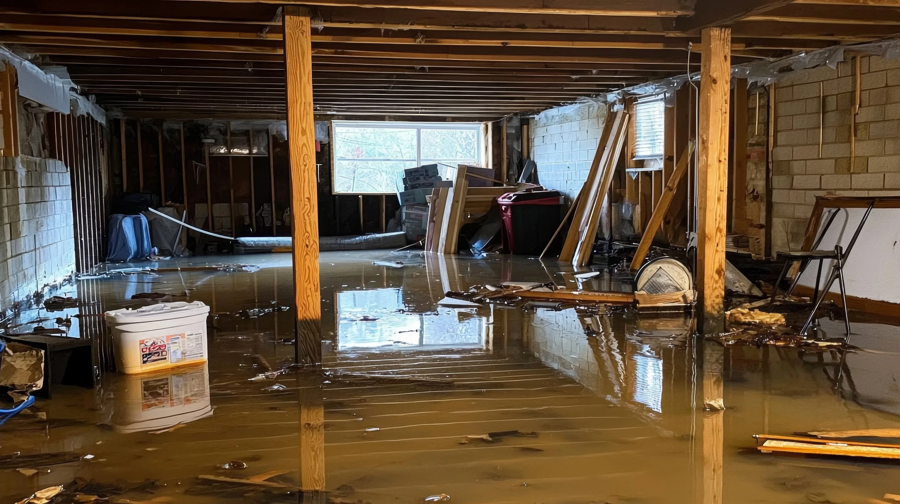Standing water across a basement floor in a Louisville home after heavy rainfall