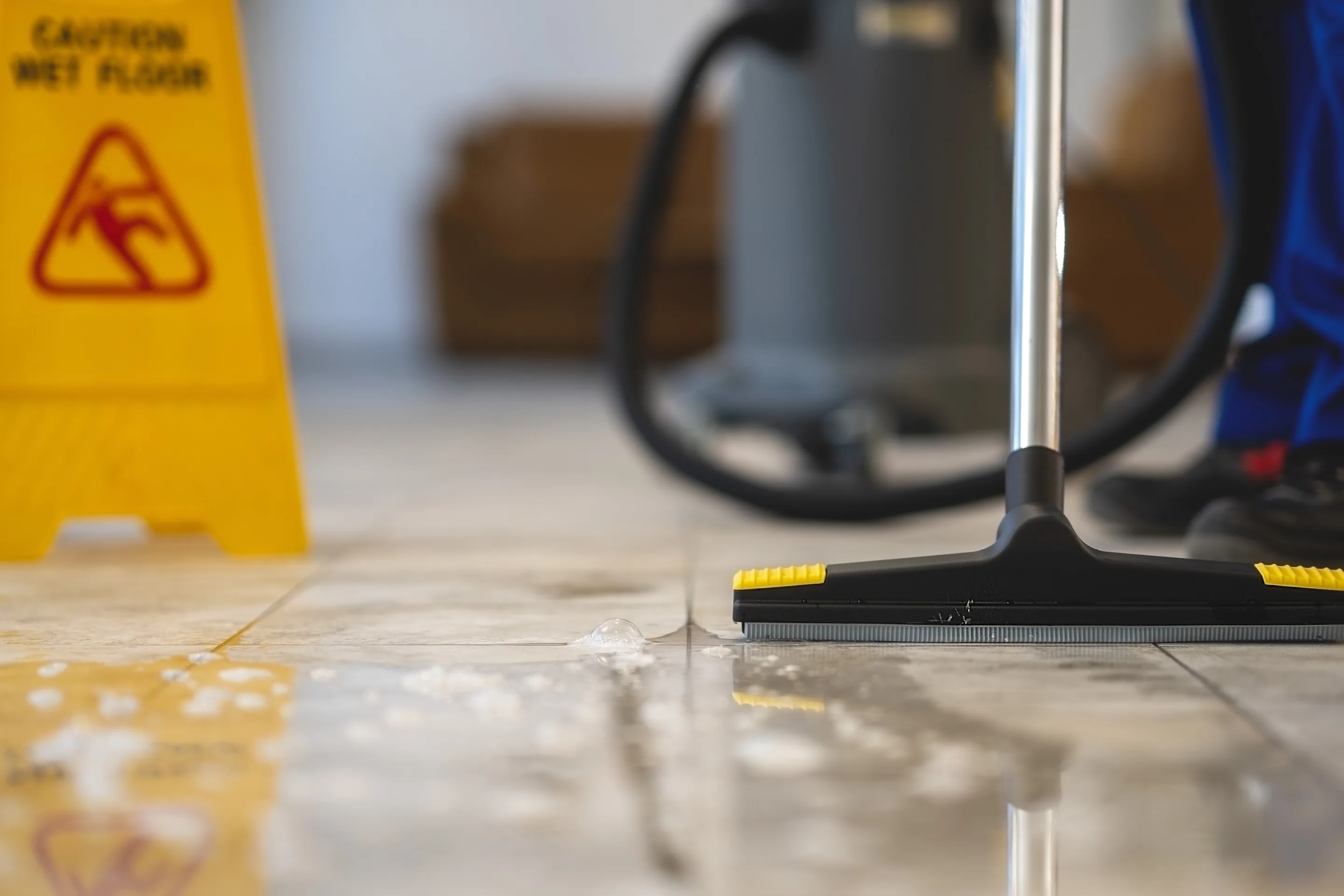 Contaminated water being squeegeed from a hard floor during sewage cleanup in Louisville
