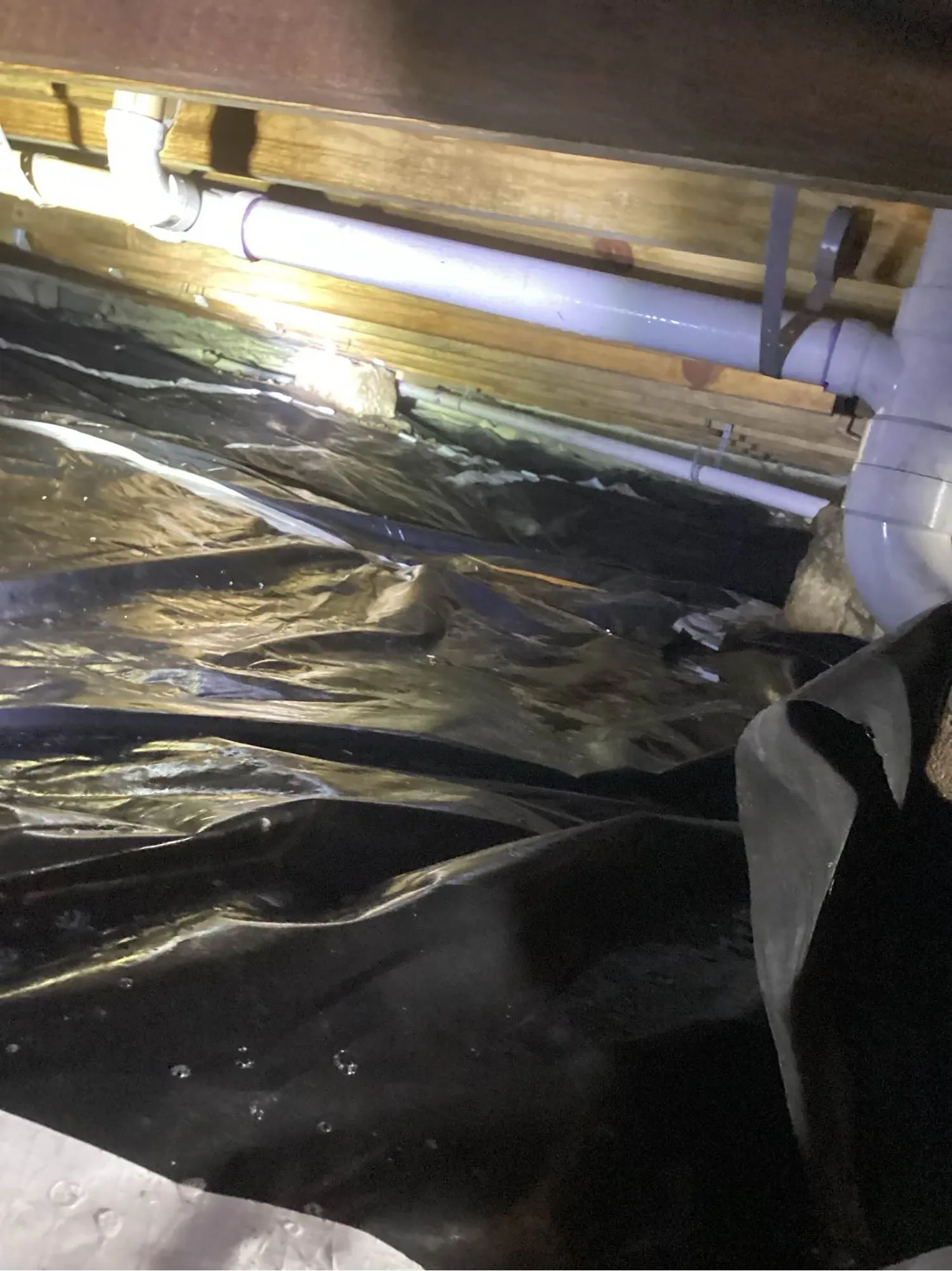 Standing water pooled on the vapor barrier of a crawlspace beneath a home