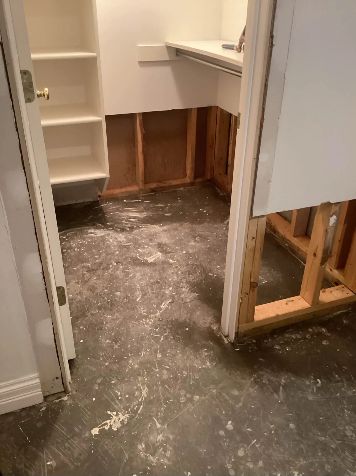 Drywall cut back to the studs and flooring taken down to the subfloor during a contaminated water cleanup