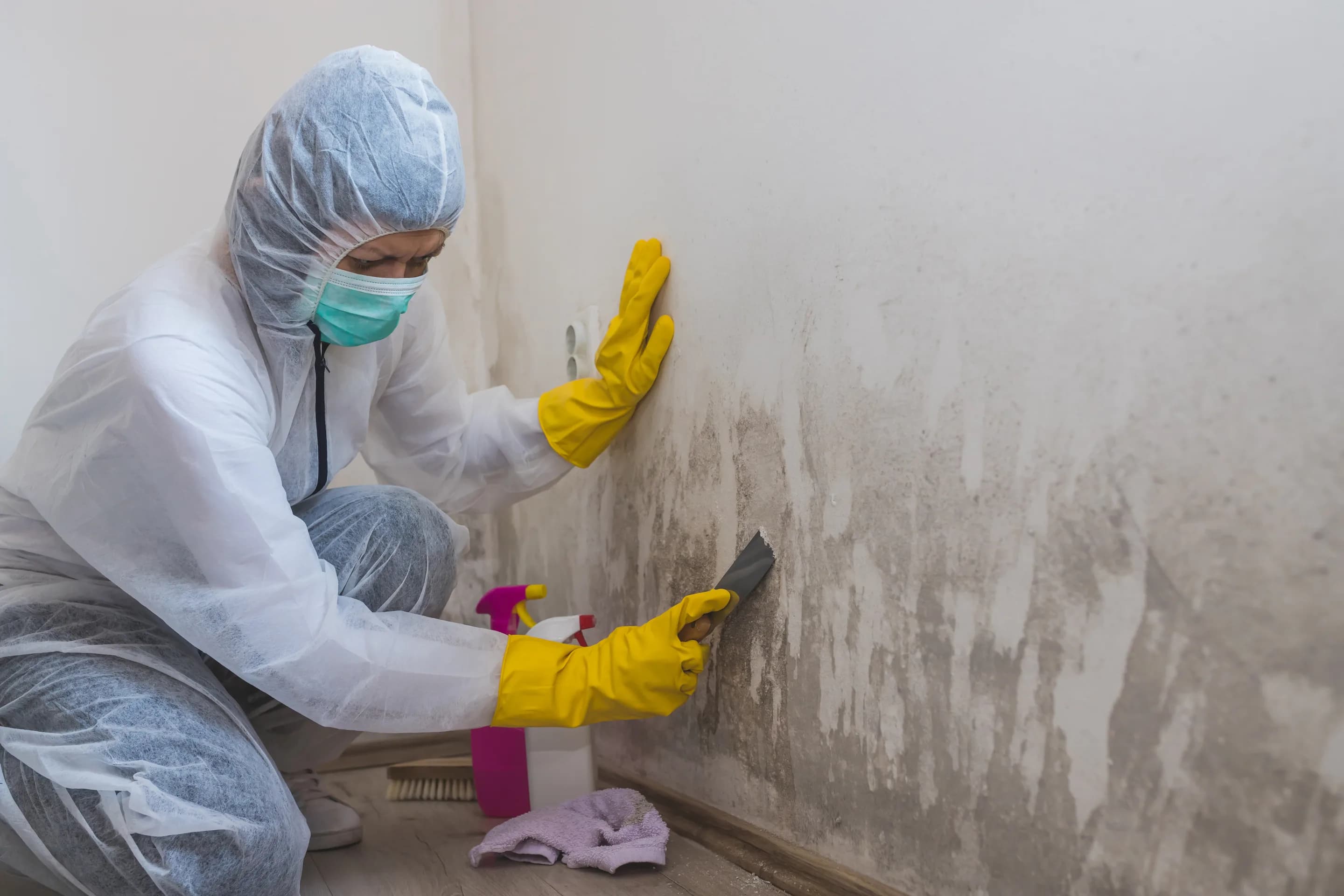 Technician in protective coveralls scraping a water-damaged wall during remediation