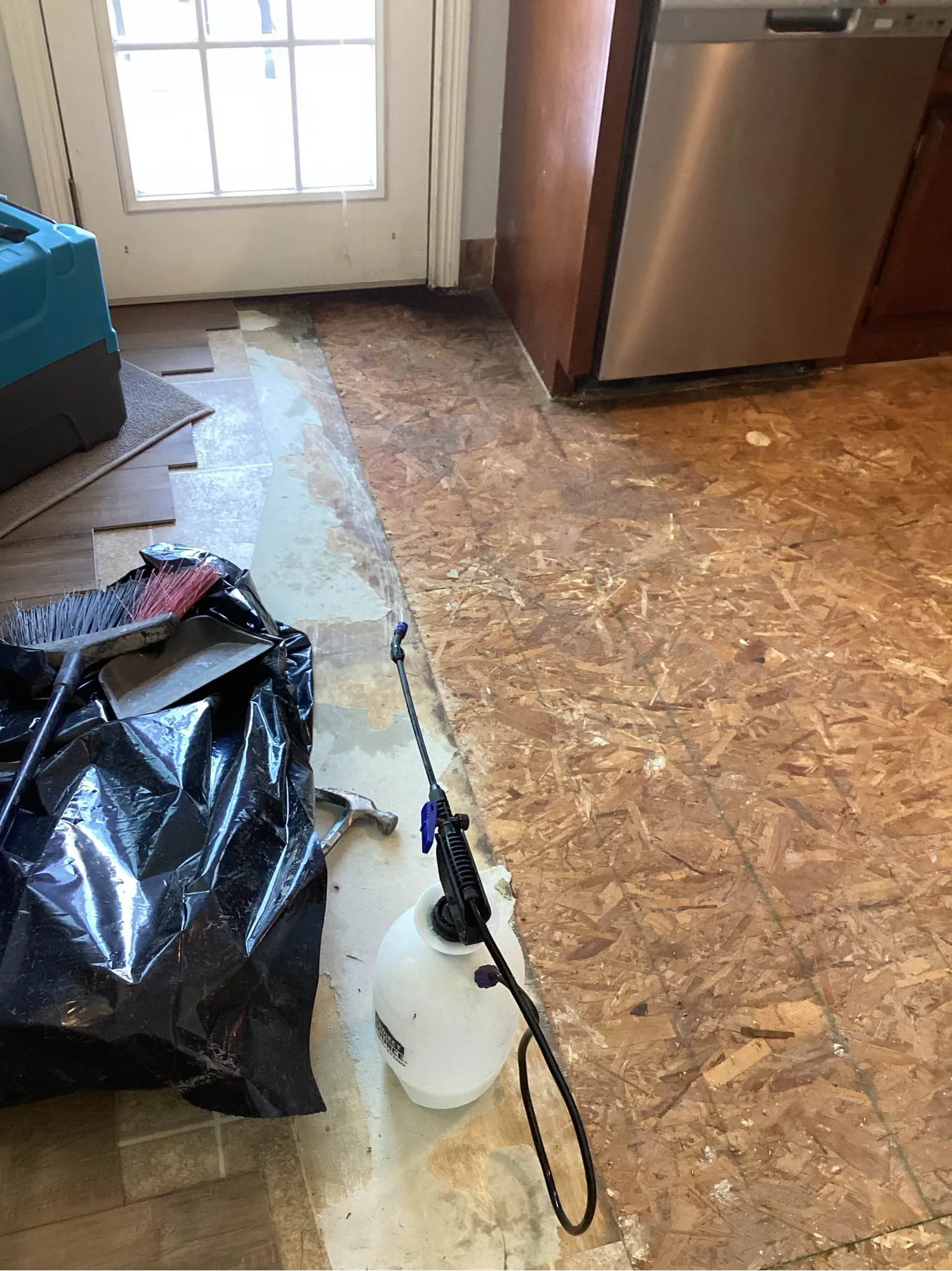 Pump sprayer and a sealed waste bag on a stripped subfloor during a Louisville cleanup